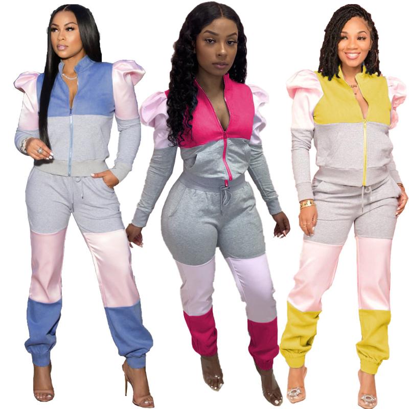 

Women' Two Piece Pants Zipper Stitched Bubble Sleeve Sweatsuit Tracksuit Women Long Coat And Set, Colorful yellow