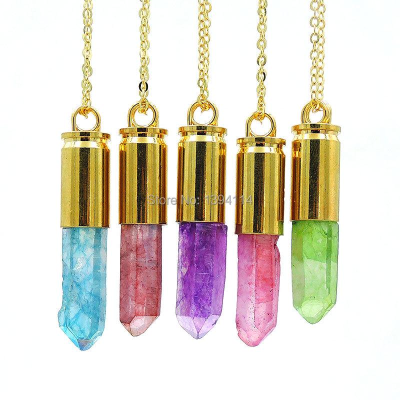 

Pendant Necklaces Mixed Colors Crystal Pillar Point Pendants Stone Glued With Copper Casing Of Plating Gold Approx 50*11 Mm