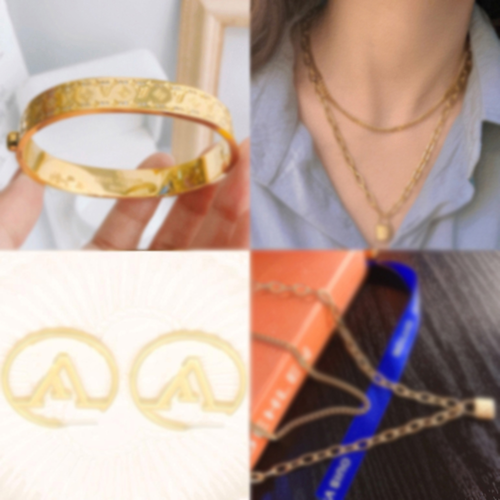 

Designer Branded 18K Gold Plated Bracelets Women Bangle Necklace Earrings Stainless steel Designer L-Letter Jewelry Wedding Lovers Gift Jewelry -L-3, Golden