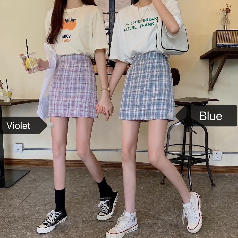 

Purple Plaid Skirt Hip High Waist Slim A Shaped Preppy Style Mini Skirts Empire Blue Korean Sweet Line X028, Blue lattice