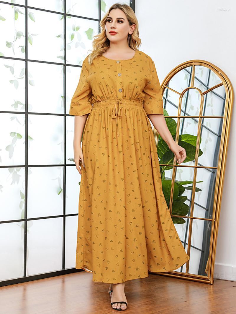 

Plus Size Dresses Summer Dress 2022 Women O Neck Half Sleeve Printing High Waist Casual Yellow Maxi Long ClothingPlus Meli22