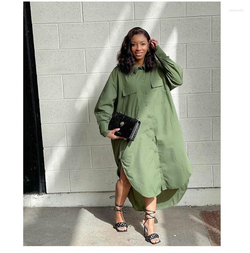 

Plus Size Dresses Sylph Loose Casual T-shirt For Women Button Pocket Solid Split Long Sleeve Dress Fashion VestidosPlus Jasp22, Green