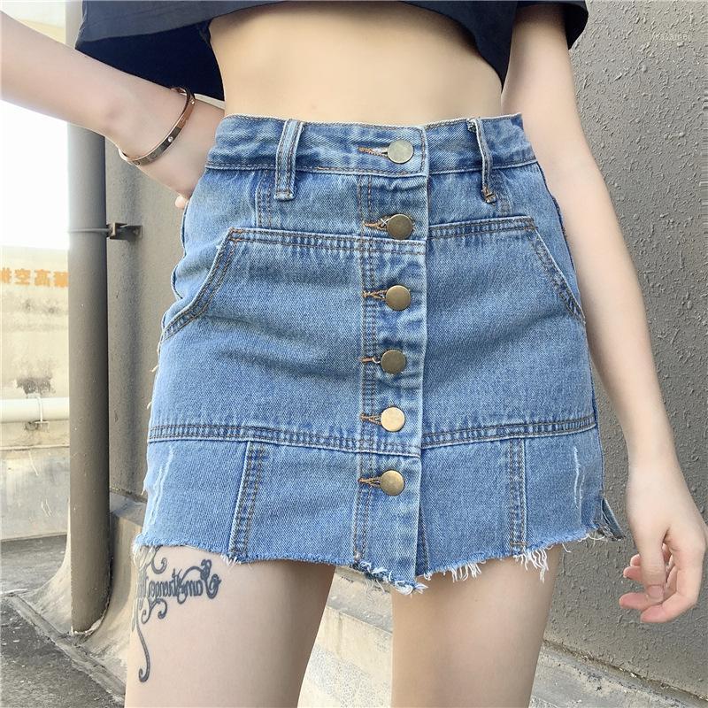 

Skirts Women Fashion Bodycon Denim Skirt 2022 Summer Single-Breasted Belted Lining Anti-Exposure Edge Blue Mini Club Vestidos