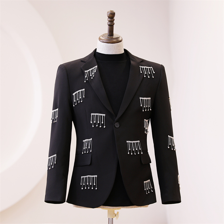 

Male Singer Host Concer Stage Performance Shiny Blazer Rhinestones Fringe Suit Coat Single Button Slim Fit Tuxedo Banquet Suit Jackets, Black