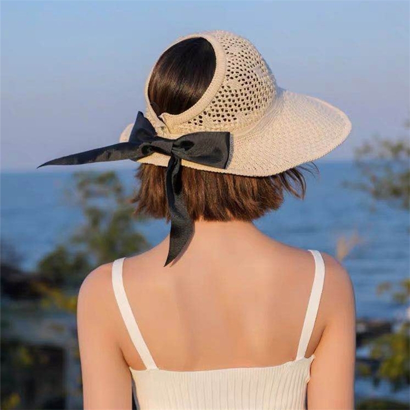 

Summer Big Wide Brim Straw Hat Women UV Protect tail Beach Sun Hats Hollow Top Foldable Ribbon Bows Ladies Panama Caps 220615, B black