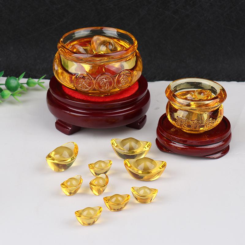 

Decorative Objects & Figurines Feng Shui Chinese Crystal Gold Ingots Glass Yellow Wealth Treasure Bowl Statue Decoration