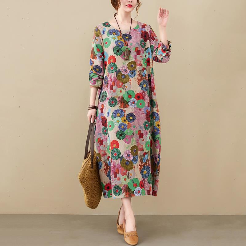 

Long Sleeve Cotton Linen Vintage Print Dresses For Women Spring Autumn Loose Casual Midi Dress Robe Femme Elegant Clothing, Rose red
