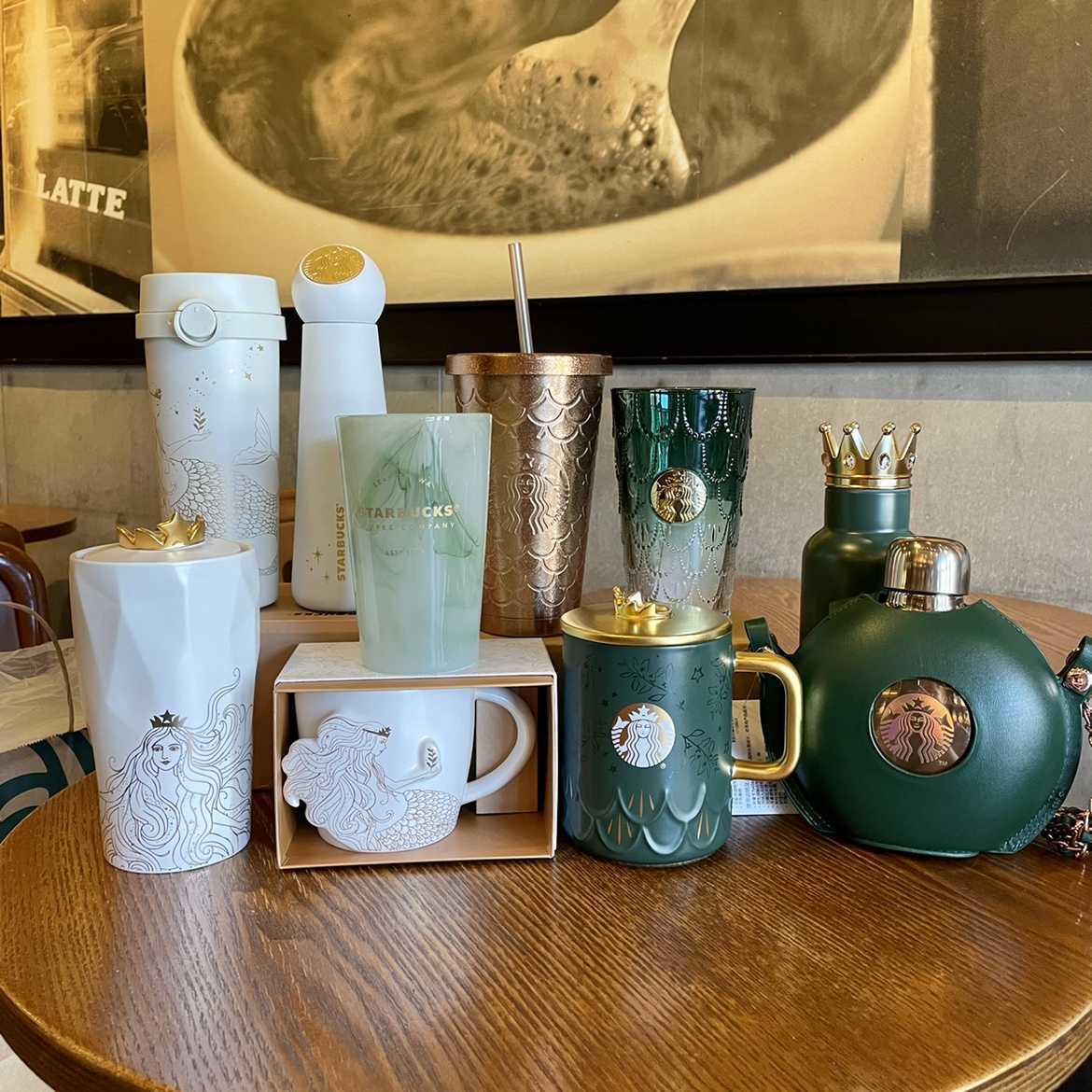 2021 Starbucks cup anniversary goddess fish scale crown dark green glass mug Mug thermos water cup-image-760725717
