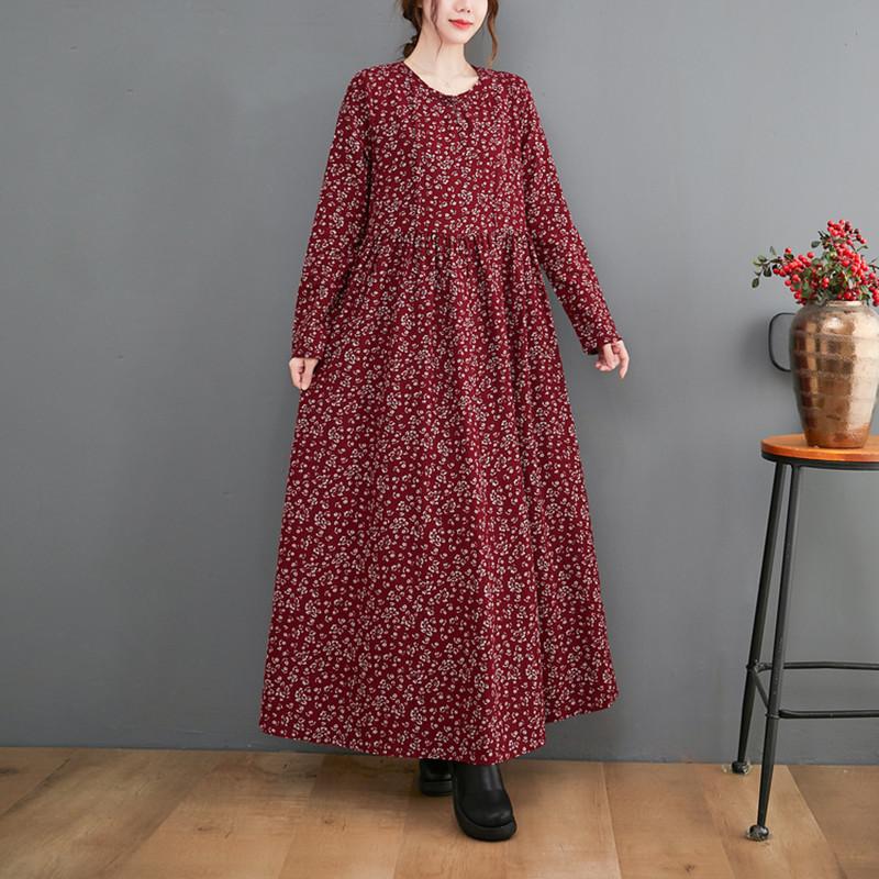 

Casual Dresses 2022 Arrival Print Floral Vintage Autumn Dress Cotton Linen Long Sleeve Spring Women Robes, Black;gray