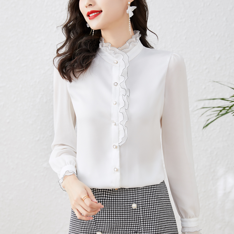 

2022 Long Sleeve Ruffle White Shirts Mock Neck Woman Fine Elegant Silk Blouses Office Ladies Runway Button Down Shirt Tops Spring Autumn Designer Blouse For Women, 12
