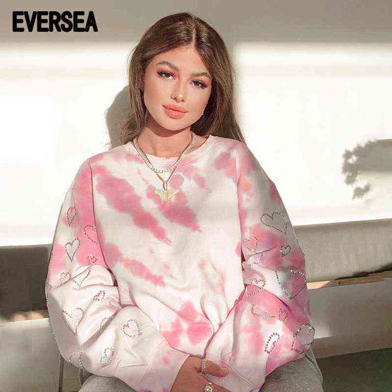 

Eversea Y2k Herfst Winter Crewneck Kraag Sweashirt Rhineston Koreaanse Mode Roze Koe Print Lady Vrouwen Baggy Tops T220726, Pink