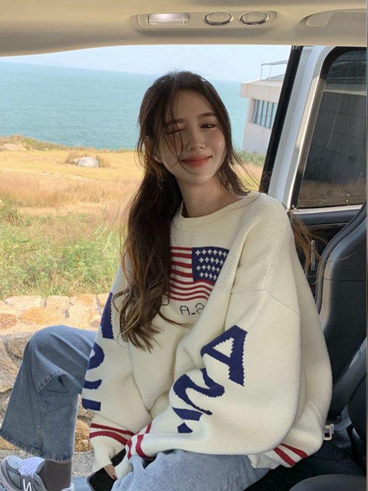 

Women' Sweaters Autumn Winter Retro Hong Kong Style Loose Outer Wear Flag Letter Print Pullover Lazy And Versatile Japanese SweaterWomen, Gray