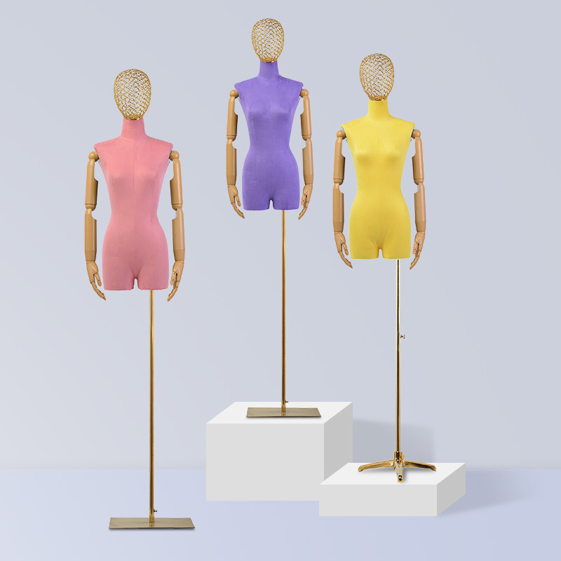 

Fabric Cover Female Gold Head Half-body Mannequin with Iron Base for Wedding Clothing Display Dummy Model Dress Form 9 Colors Available