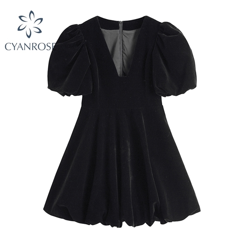 

Vintage French Crop Dress Women 50s 60s Audrey Hepburn Flannel V Neck Dresses Puff Short Sleeve Sexy Party Elegant Fluffy Frocks 220406, Black