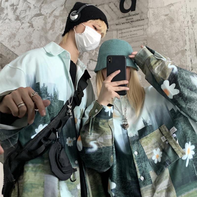 

Trend Ins Retro Abstract Irregular Daisy Print Long Sleeve Shirt Unisex Men's Casual Shirts, Green