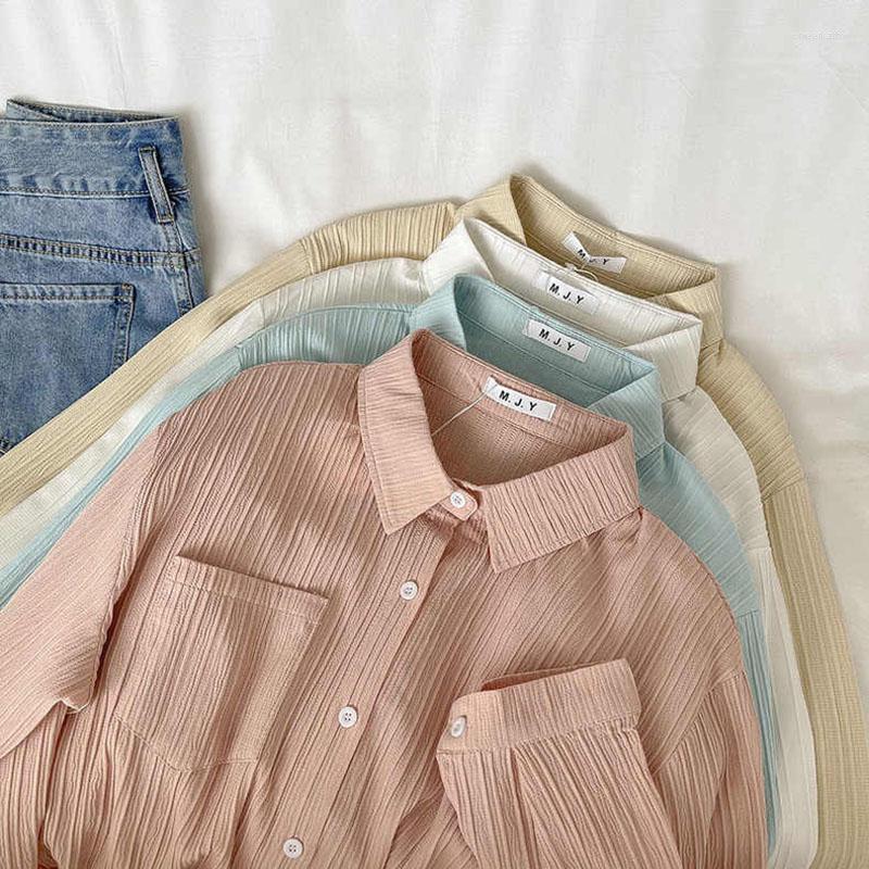 

Women's Blouses & Shirts Autumn Solid Simple Vintage Harajuku Long Sleeve Shirt Jackets For Women Casual High Quality Female Button Up Overc, Blue