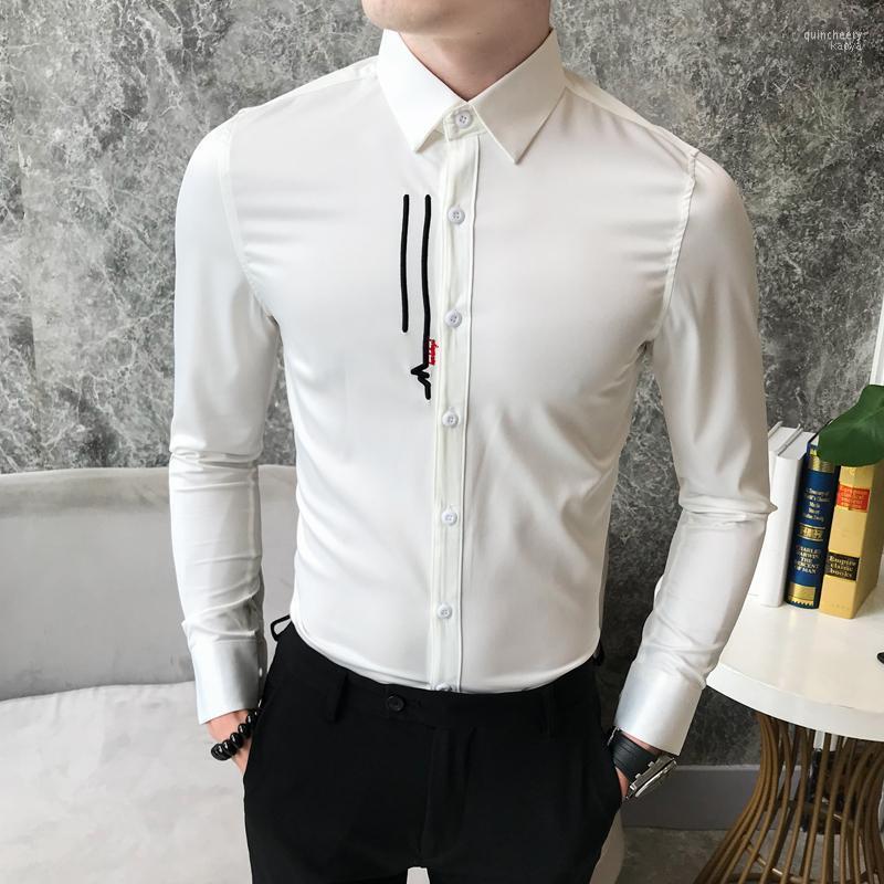 

British Style Dress Shirt Men Fashion 2022 Autumn Slim Fit Prom Tuxedo Long Sleeve Embroidery Mens Shirts Casual Blouses Man Men's Quin22, White