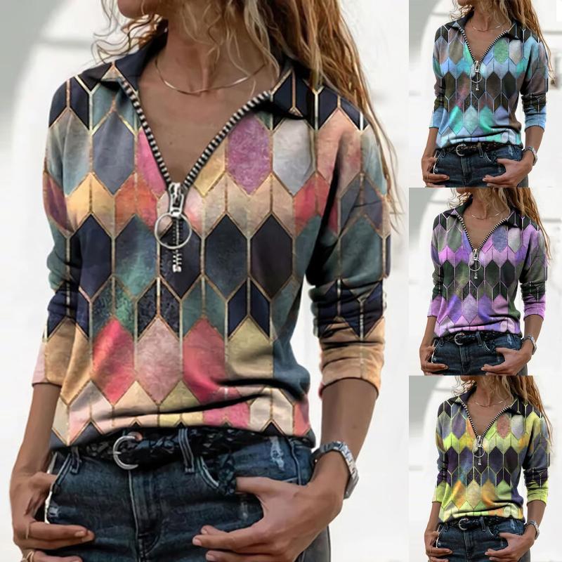 

Women' Blouses & Shirts Fashion Tops Women Sexy V-neck Geometric Print Zipper Long Sleeve Casual Blouse T-shirt Top Spring And Autumn Femal, Pp