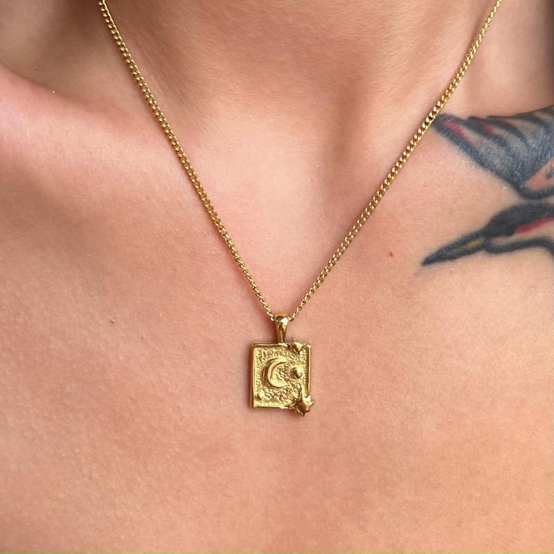 

Chains Dasein ACC Ins Wholesale 18k Gold Plated Stainless Steel Square Moon Star Zodiac Design Tarot Water Wave Chain NecklaceChains