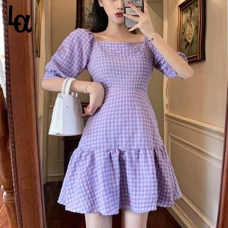

Korean Elegant Plaid Dress Women Casual Sweet Temperament Y2k Mini Sundress Female Chic Pretty Party 210519, Purple