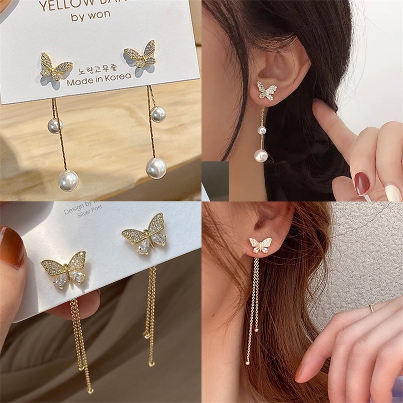 LATS Trend butterfly Pearl Long Earrings for women Moon Star Flower Wedding Dangle Earring Fashion Korean Jewelry 220726