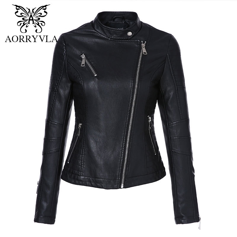 

AORRYVLA Spring Womens Moto Biker Zipper Jacket Black Faux PU Leather Coat Short Slim Fashion Ladies Leather Jacket 201030