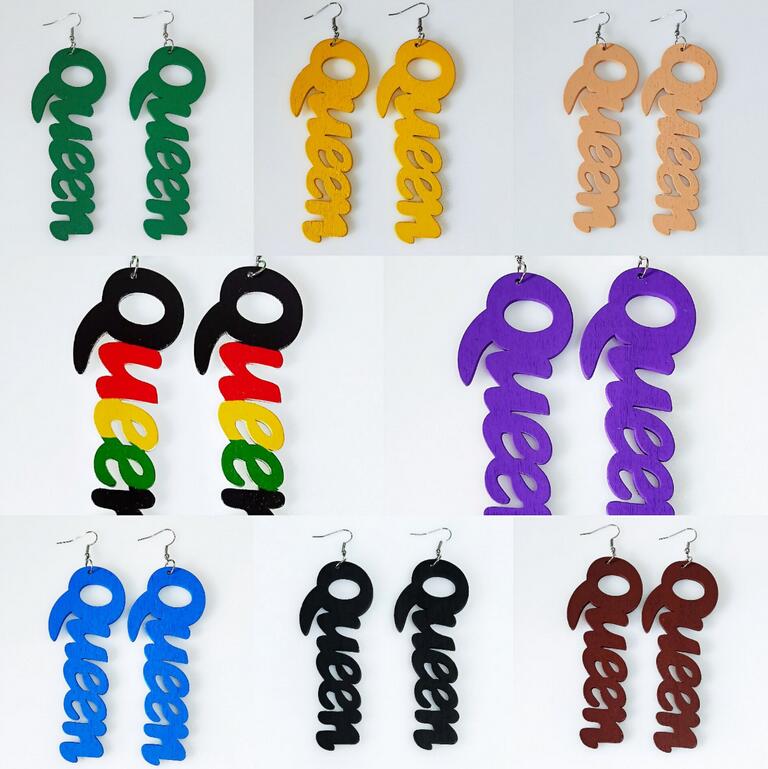

Queen Dangle Earrings Wood Africa Hollow Out Letters Colorful Earring Vintage Party African Afro Jewelry Wooden DIY Ear Rings 8 colors