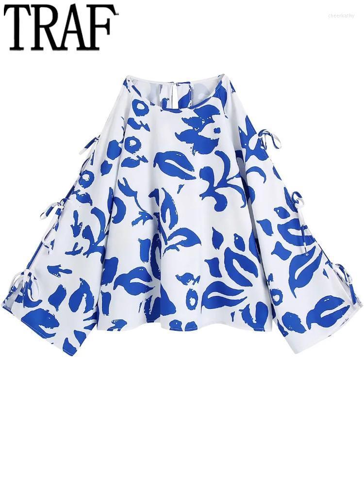 

Women's Blouses & Shirts Woman 2022 Blue Printed And Bows Puff Sleeve Crop Top Women Elegant Female Casual Summer BlouseWomen's Chee22, Print blouses