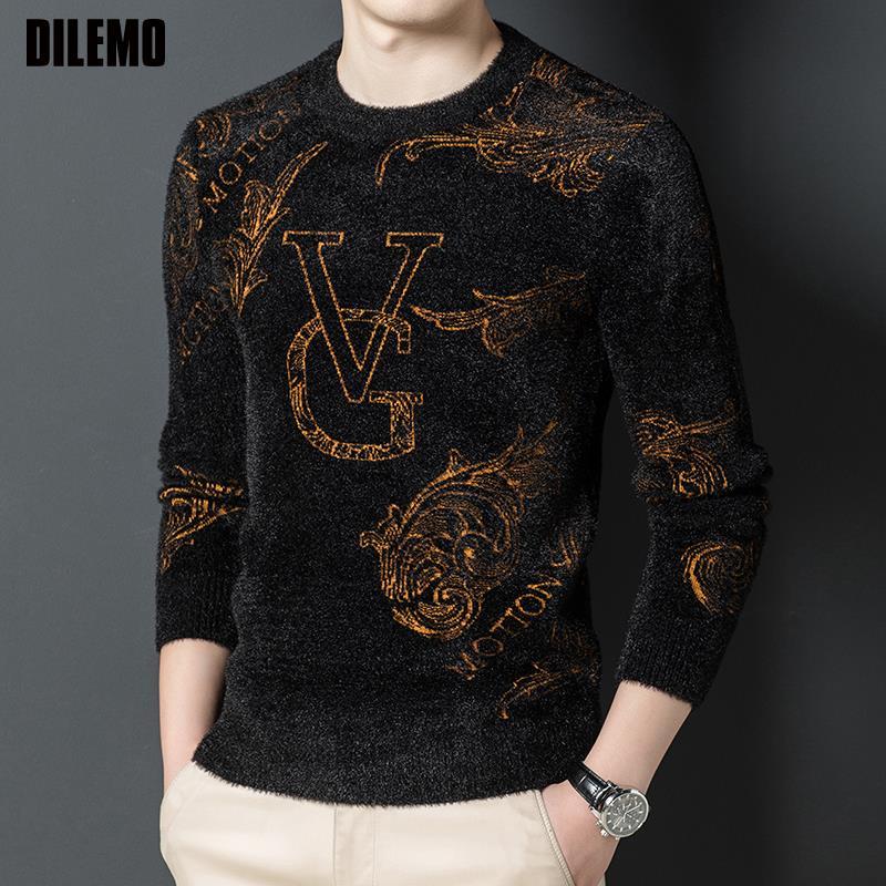 

Men's Sweaters High End Imitation Mink Designer Luxury Fashion Pattern Knit Pullover Crew Neck Brand Men Sweater Casual Jumper Mens ClothesM, Black