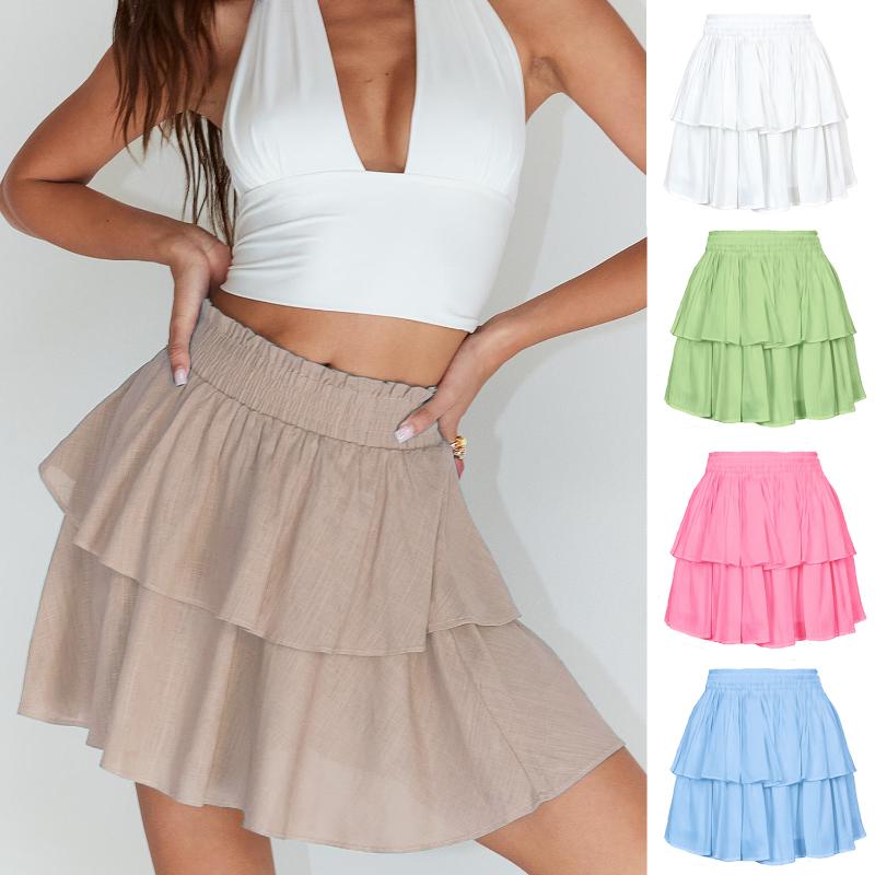 

Skirts Women' Fashion Double Layer Cake Mini Dress Solid Color Ruffle Stitching Elastic Sexy Short SkirtSkirts, Black