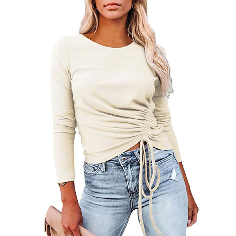 

Women' T-Shirt Solid Color Women Ruched T Shirt Bandage Long Sleeve Crop Top Sexy Streetwear Bodycon Drawstring Spring Summer Clothes For C, Black