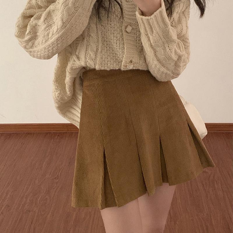 

Skirts HOUZHOU Vintage Corduroy Pleated Skirt Women Autumn 2022 Korean Fashion Solid High Waist A-line Mini Girls Preppy Style, Khaki