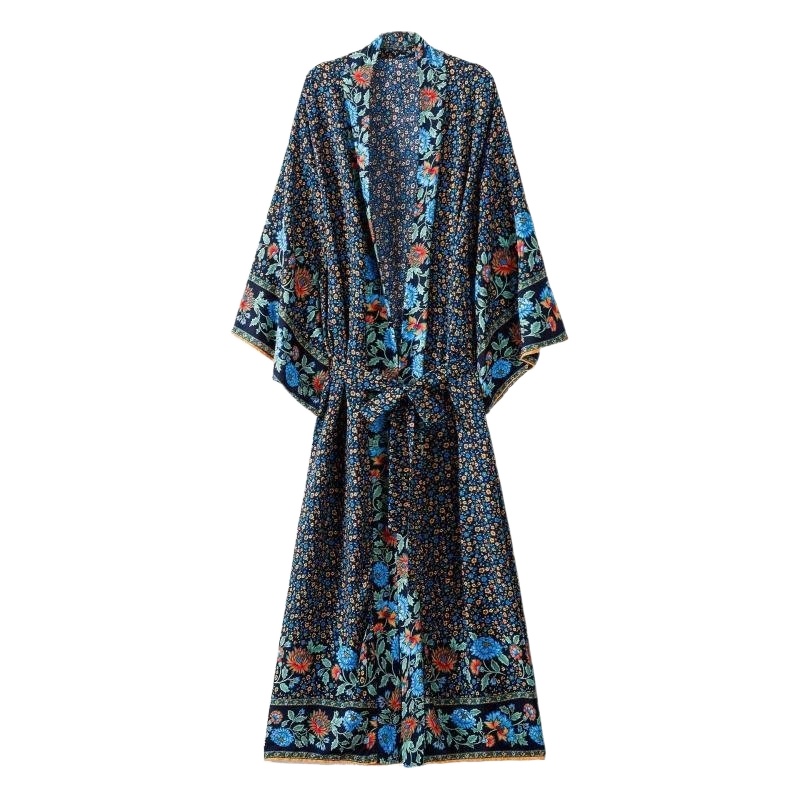 casual Dresses 2022 Women's Boho Maxi Dress Lacing Up Floral Printed Vestidos De Mujer Bat Sleeve Oversized Chic Kimono Navy Blue Robes w4zC-image-790083693
