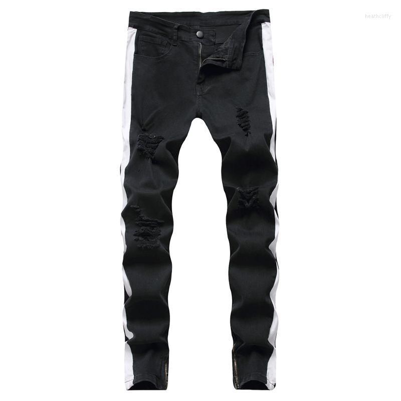 

Men's Jeans Men's White Lines Patchwork Stretch Denim Streetwear Zipper Holes Ripped Pants Slim TrousersMen's Heat22, Black