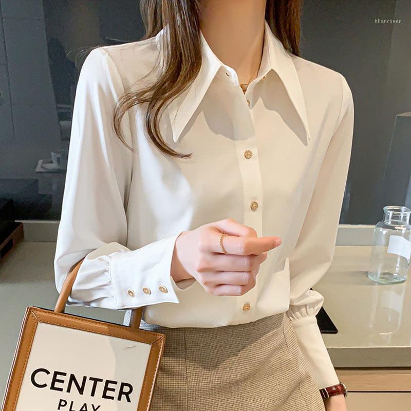 

Women's Blouses & Shirts Silk Shirt Women Korean Fashion Casual Loose Large Size Blouse Elegant Slim White Lantern Sleeves Office Lady Tops