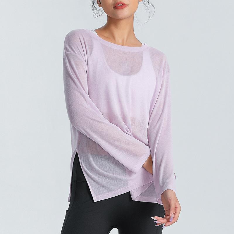 

Yoga Outfit Plus Size Rib Shirts Loose Split Hem Long Sleeve T-Shirts Translucent Gym Workout Blouse Tops Sportswear Quick-Dry OverallsYoga, Black