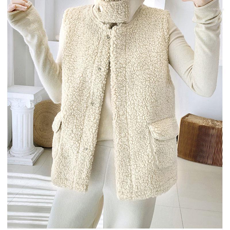 

Women' Vests Wenfly Womens Waistcoat Winter Vest Jacket Pocket Thick Loose Korean Version Fur Lamb Plush Warm Outerwear Harajuku Femme Luci, Beige