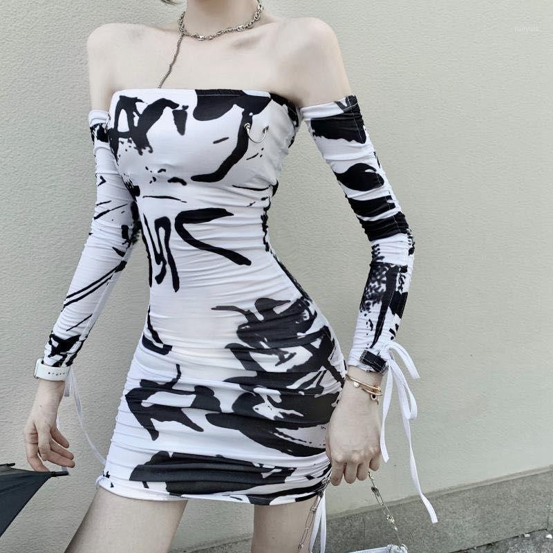 

Slash Neck Strapless Long Sleeve Off Shoulder Printed Bandage Sexy Backless Slim Short Dress For Women RRB1 Casual Dresses, White