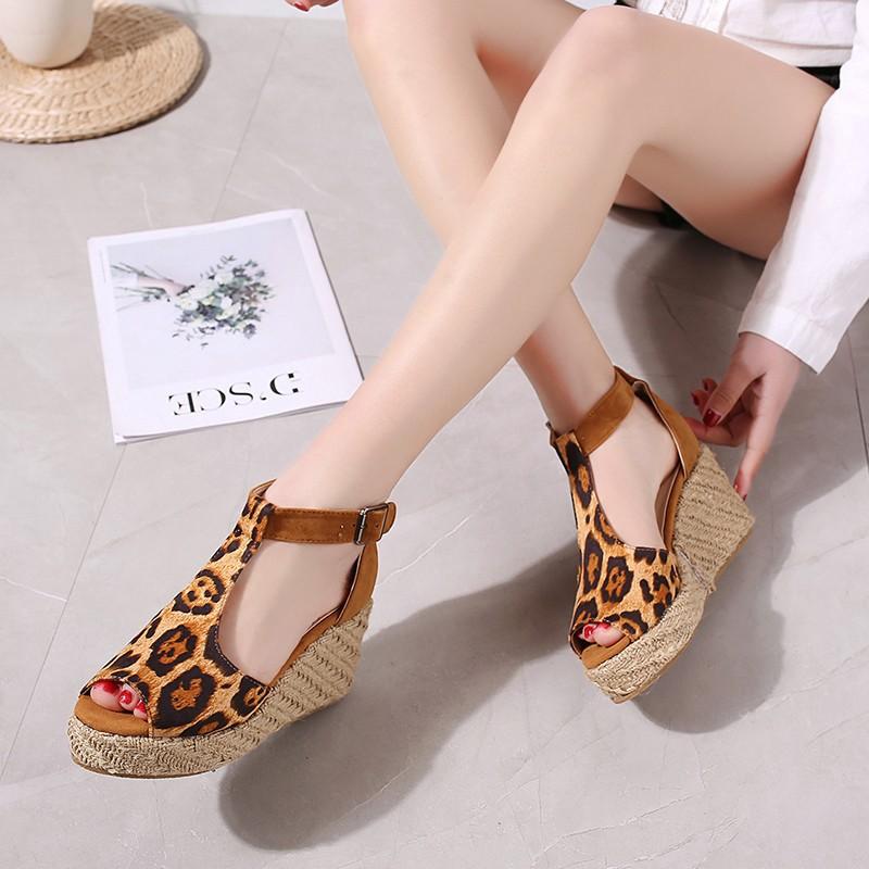 

Sandals Summer Ladies Fashion Slope Heel Open Toe Women's Shoes 35-43 Leopard Print Fish Mouth Sports, Black