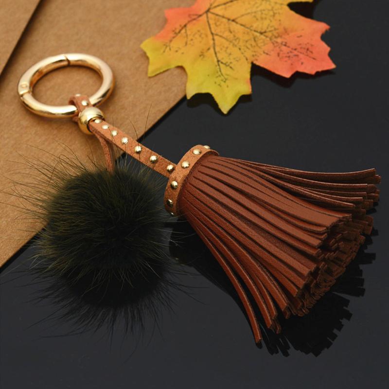 

Keychains PU Leather Tassels Key Chains With Fur Ball Pom Keychain For Women Bag Car Pendant Keyrings Jewelry Holder