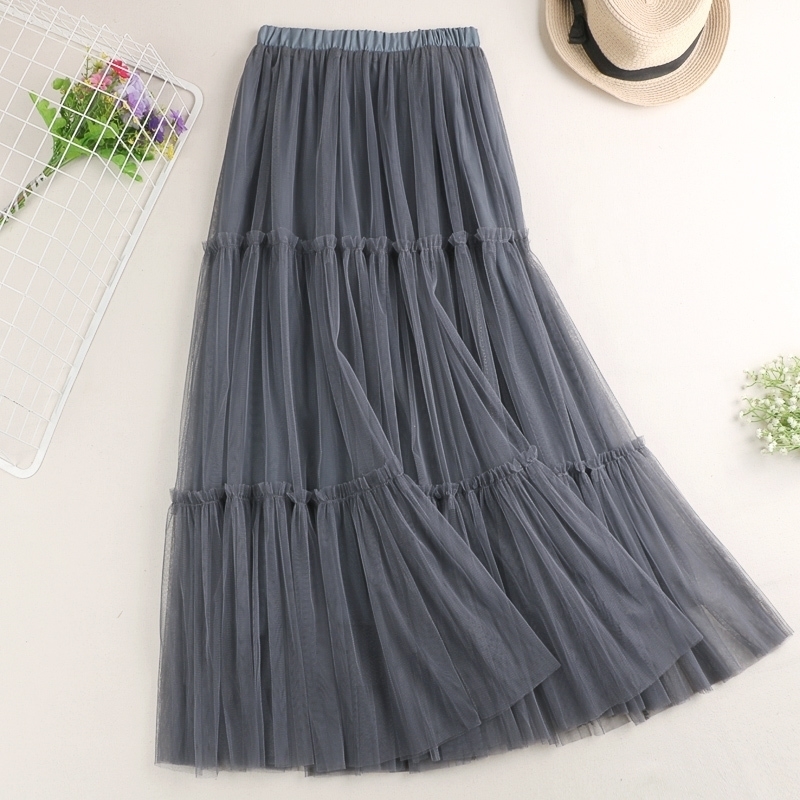 

Women Pleated Skirts Summer High Waist Ruffles Long Tulle Skirt Slim Patchwork Mesh Maxi Skirts for Women Jupe Femme Y200326, Apricot