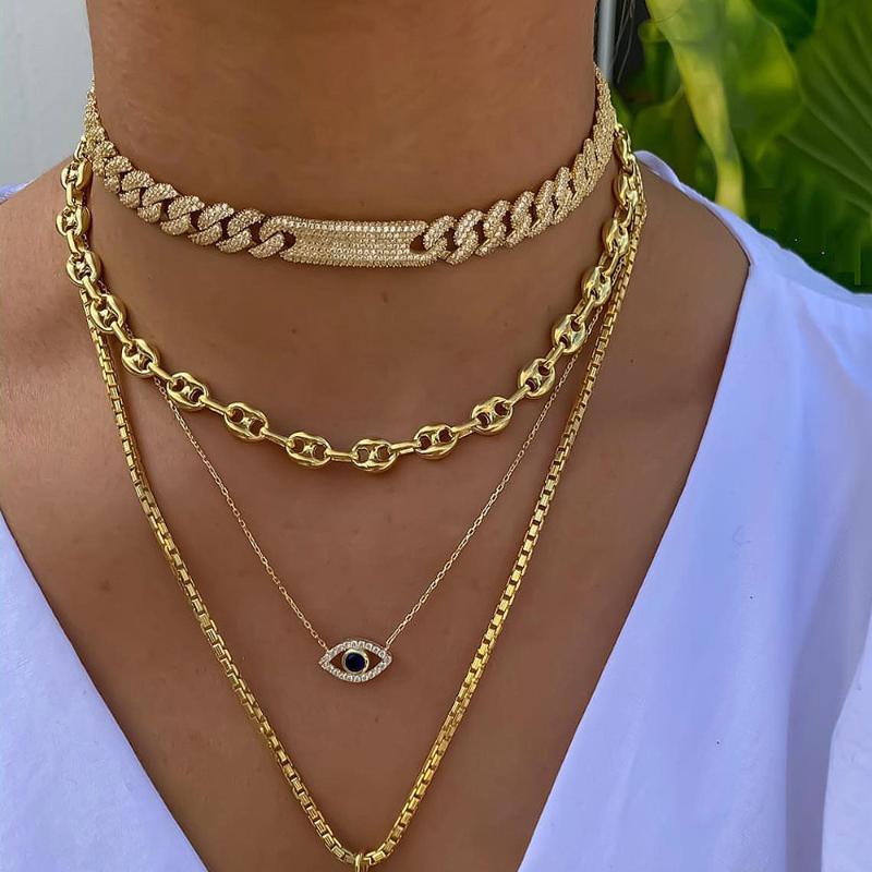 

Chokers Charm Miami Wide Heavy Cuban Link Chain Micro Pave Cz Curve Bar Pendant Necklaces Gold Silver Color Women Hip Hop Rock JewelryChoker