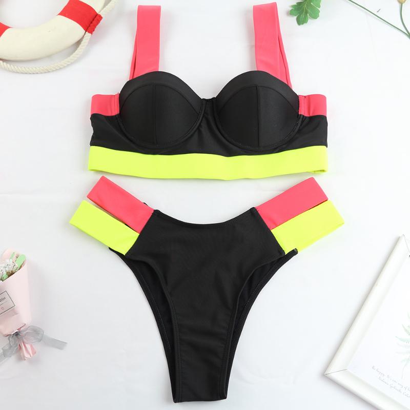 

Women' Swimwear Storyever Summer Bathing Suit Beach Patchwork Women Split Swimsuit High Waist Hollow Out Feminine Bikini Set, Black