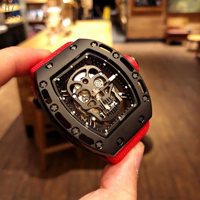 

Men Automatic Mechanical Canvas Red Leather Skull 3D Scrub WATCH 01 0, Black