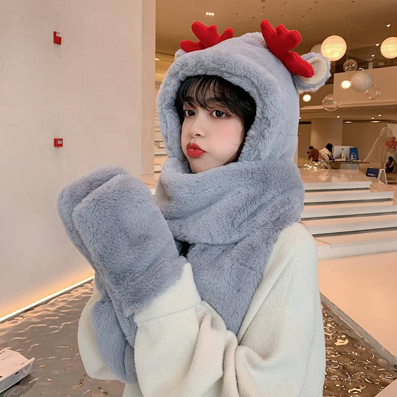 

Berets Woman Girl Faux Fur Plush Cap Scarf Gloves Set Christmas Red Antlers Warm Winter Hat Cute Sweety Outdoor, Coffee 1