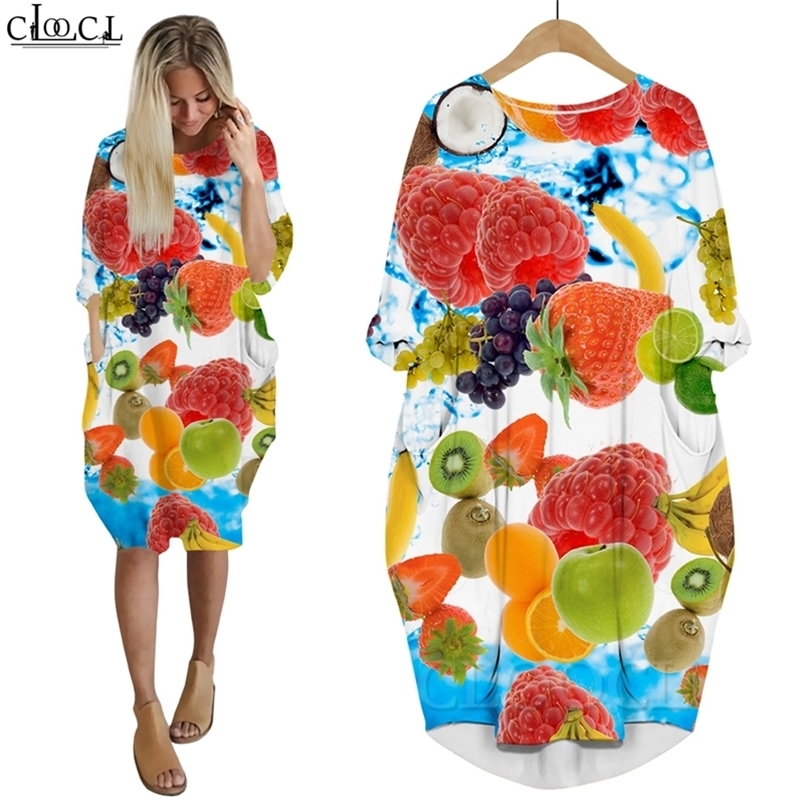 Raisin fraise citron robe 3D imprimé Baggy femmes robes à manches longues femme robe poche robes pour les festivals de fête W220616