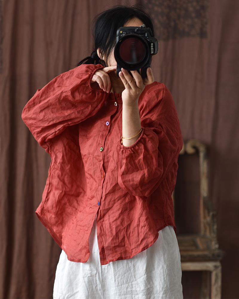 

Women's Blouses & Shirts Women's Loose Autumn Summer Thin Ramie Blouse Shirt Ladies Original Retro Butterfly Sleeve Solid Color Tops Clo, Green