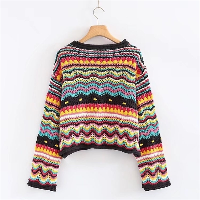 

Vintage Sweet Multicolored Yarn Short Knit Sweater Women Fashion O Neck Long Sleeve Ladies Pullovers Casual Pull Femme 201204, As picture