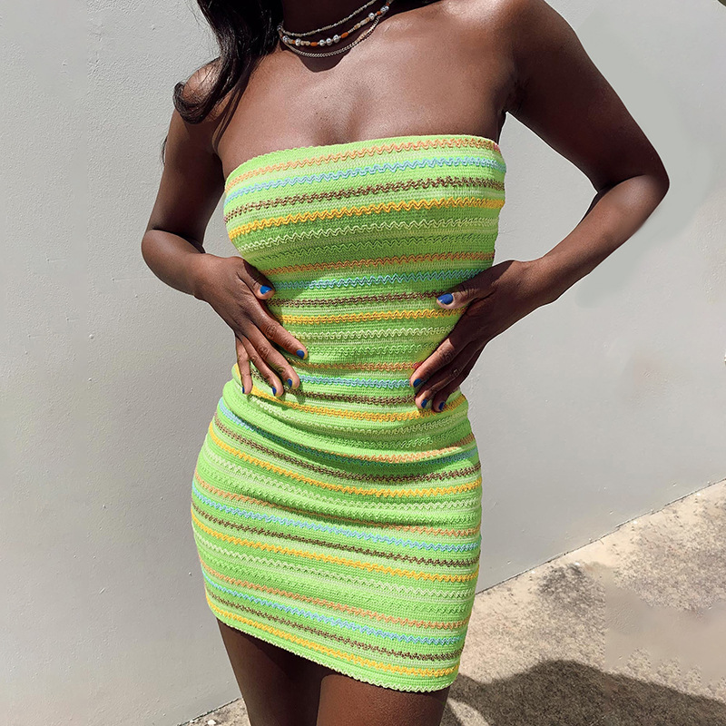 

Women Summer Sexy Strapless Stripe Print Bodycon Mini Dress, 01