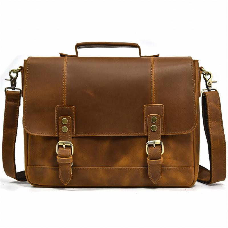 

Briefcases Men's Crazy Horse Leather Briefcase Vintage Handbag Large-capacity Flap Shoulder Bag First Layer CommuterBriefcases
